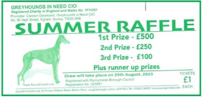 Greyhounds in Need – Summer 2023 Raffle – Reminder